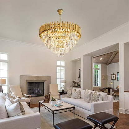 Modern Gold Crystal Chandelier, 24" 10-Light Round Chandelier,5 Tiers Ceiling Pendant Light, Large Adjustable Hanging Raindrop Chandeliers for Dining Room, Foyer, Living Room, Staircase