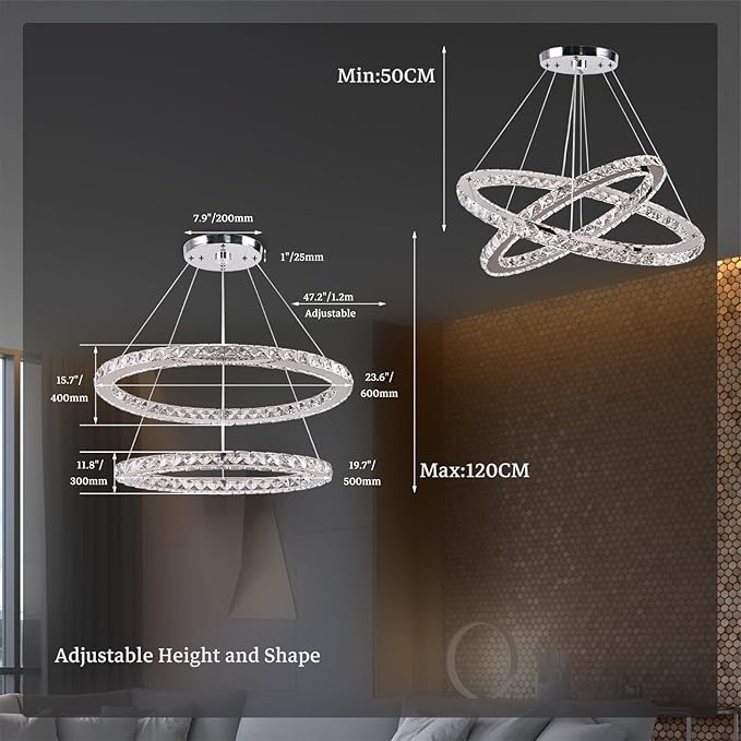Finktonglan Dimmable Crystal Chandelier, Modern 2 Ring Oval LED Chandelier with Remote & App Control, 23.6"+20" Adjustable Pendant Light, 3 CCT 2500K/4500K/6500K, Kitchen Island Dining Room Bedroom