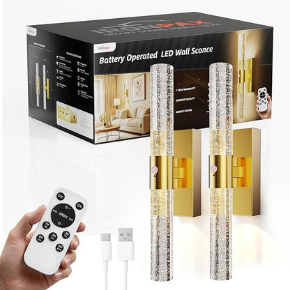 IRONPAX Wall Sconces Battery Operated Set of 2, Wireless Rechargeable Wall Sconce Set of Two, Dimmable Wall Lights with Remote for Bedroom Living Room Hallway Decor (Brushed Gold, Bubble Crystal)