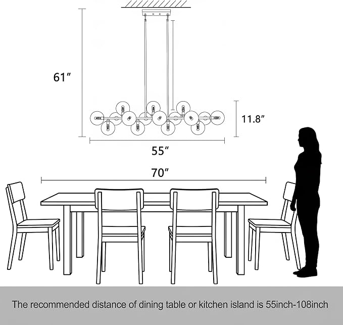 Chandelier,16-Light Black Linear Chandeliers for Dining Room Light 55inch Modern Linear Sputnik Chandelier Large Pendant Lights Kitchen Island Bubble Smoke Gray Glass Globe Kitchen Island Chandelier