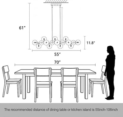 Chandelier,16-Light Black Linear Chandeliers for Dining Room Light 55inch Modern Linear Sputnik Chandelier Large Pendant Lights Kitchen Island Bubble Smoke Gray Glass Globe Kitchen Island Chandelier