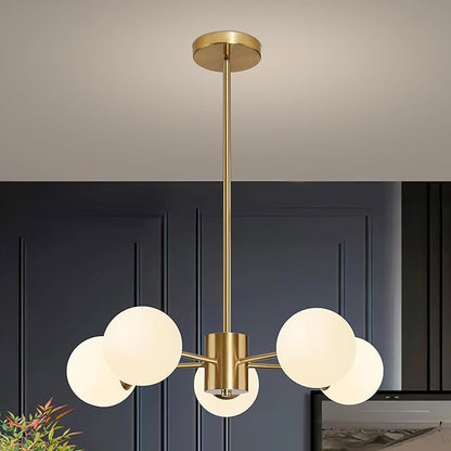 Bagood 5-Light Globe Sputnik Chandelier Mid Century Sputnik Chandeliers Modern Gold Globe Pendant Light Brushed Brass Finished with White Frosted Glass Lampshade for Dining Room Bedroom Kitchen