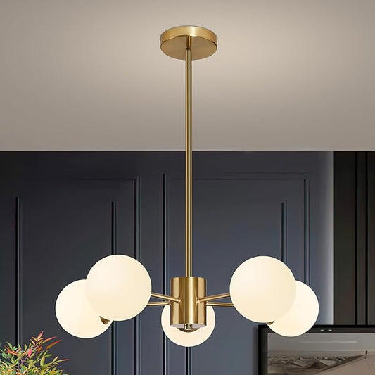 Bagood 5-Light Globe Sputnik Chandelier Mid Century Sputnik Chandeliers Modern Gold Globe Pendant Light Brushed Brass Finished with White Frosted Glass Lampshade for Dining Room Bedroom Kitchen