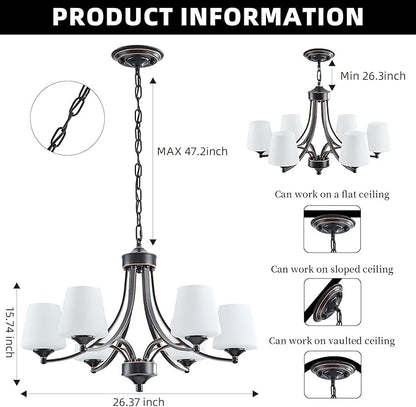 6-Light Farmhouse Chandeliers Black and Gold Dinner Room Light with Frosted Glass 47.2" Adjustable Pendant Ceilling Lighting Rustic Vintage Hanging Lamp for Kitchen Island Dining Table Living Room