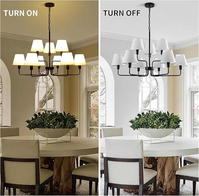 Farmhouse Chandeliers for Dining Room with White Fabric Shades,33”Black Light Fixture Chandelier,9-Lights entryway chandelier for foyer,2 Tiered Lantern Farmhouse Pendant Light for Living Room,Kitchen