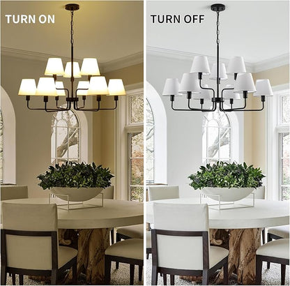 Farmhouse Chandeliers for Dining Room with White Fabric Shades,33”Black Light Fixture Chandelier,9-Lights entryway chandelier for foyer,2 Tiered Lantern Farmhouse Pendant Light for Living Room,Kitchen