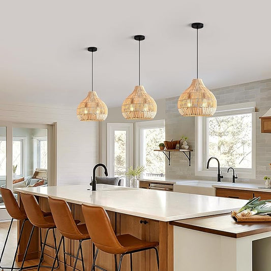 Boho Pendant Lights Kitchen Island 14.6in White Rattan Chandelier Beachy Wicker Dining Room Light Fixtures Woven Hanging Ceiling Lighting for Bedroom Breakfast Nook Restaurants Foyer Corridor