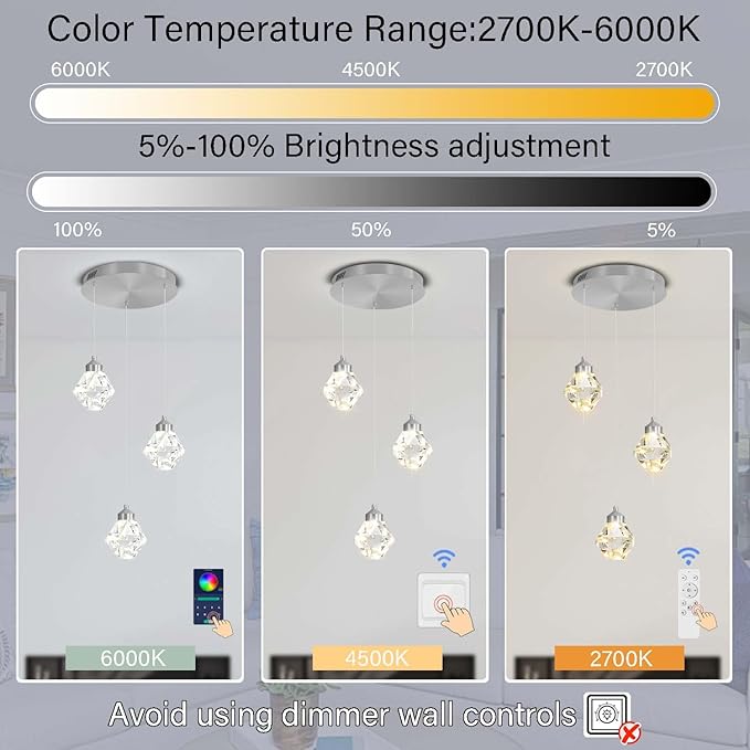 3-Lights Pendant Lights Kitchen Island Mini Chandelier,Modern Silver Pendant Light with Remote Control,Hanging Light Fixture for Dining Room Hallway