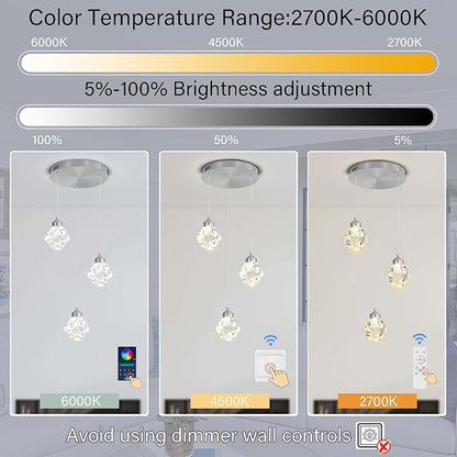 3-Lights Pendant Lights Kitchen Island Mini Chandelier,Modern Silver Pendant Light with Remote Control,Hanging Light Fixture for Dining Room Hallway