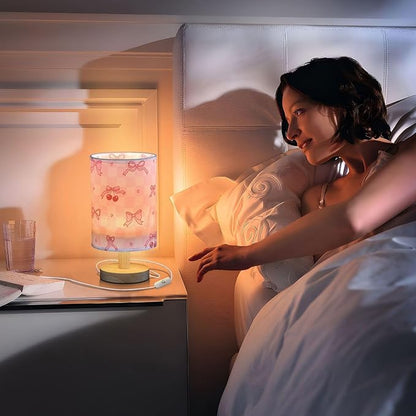 Bedside Table Lamp Pink Bow Cherry Checkered Nightstand Lamp with Wood Desk Lamps for Bedroom Living Room Nursery Office Home Decor
