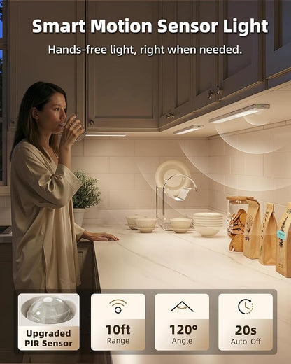 EZVALO 17'' Under Cabinet Lighting Wireless, 3Pack Rechargeable Closet Lights, LED Motion Sensor Indoor, Dimmable & 3 Color Temps Battery Operated with Power Display, for Kitchen, Stairs, Bookshelf