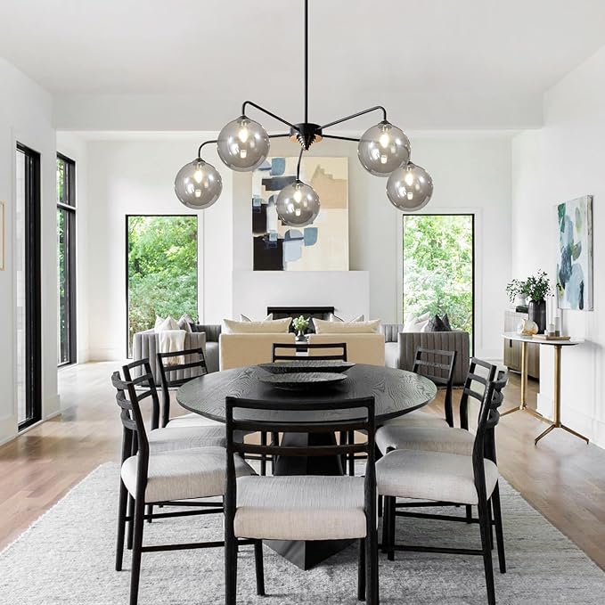 Mid Century Modern Chandelier Smoky Gray Clear Glass Globe Ceiling Light Fixture 5 Light Black Sputnik Chandelier for Kitchen Dining Room Bedroom