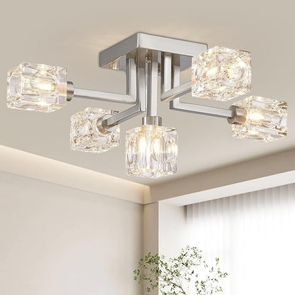XINGQI Modern Sputnik Chandeliers Brushed Nickel Semi Flush Mount Ceiling Light Fixture 5-Light for Dining Room Living Room Kitchen Bedroom Entryway