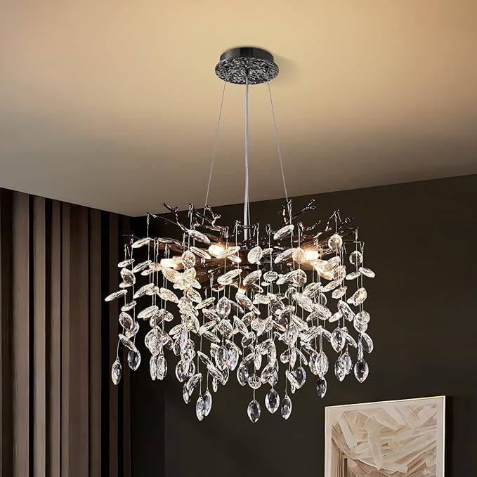 Modern Tree Branch Crystal Chandelier 18" Black Luxury Large Pendant Lighting 6-Light Contemporary K9 Crystal Chandeliers for Dining Room Kitchen Living Room Foyer Entryway (Black, D18-Round)