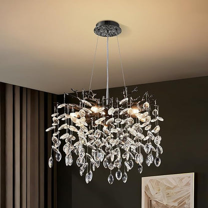 Modern Tree Branch Crystal Chandelier 18" Black Luxury Large Pendant Lighting 6-Light Contemporary K9 Crystal Chandeliers for Dining Room Kitchen Living Room Foyer Entryway (Black, D18-Round)
