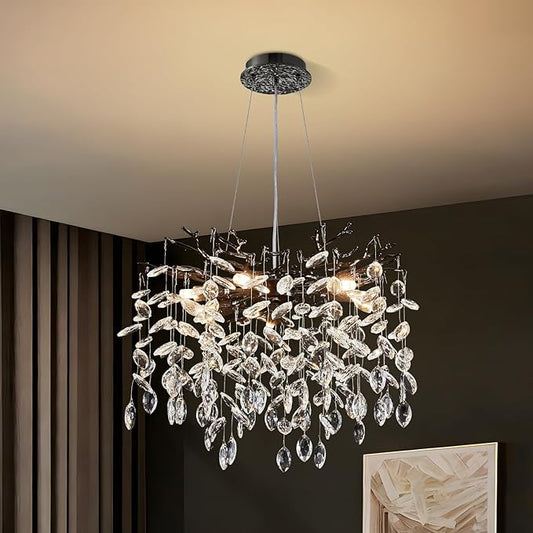 Modern Tree Branch Crystal Chandelier 18" Black Luxury Large Pendant Lighting 6-Light Contemporary K9 Crystal Chandeliers for Dining Room Kitchen Living Room Foyer Entryway (Black, D18-Round)