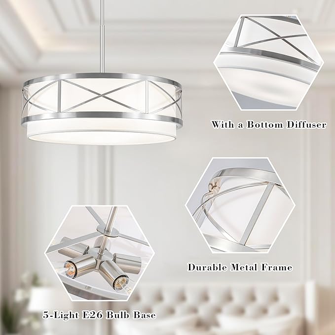 19.7'' Modern Brushed Nickel Drum Chandelier, 5-Light Modern Chandeliers for Dining Room Brushed Nickel Pendant Light with White Fabric Shade for Kitchen Living Room Entryway Bedroom