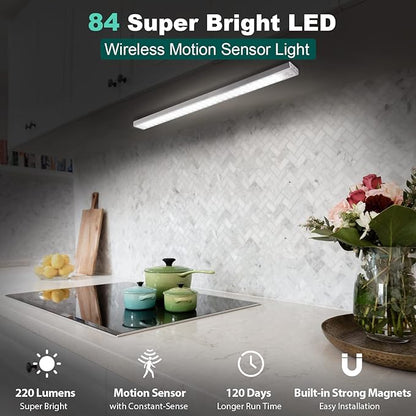 BLS 84 LED Closet Lights - Battery Powered, Super Bright Under Cabinet Lighting with Motion Sensor, Wireless, 3200mah Rechargeable Battery, 120 Days Run Time