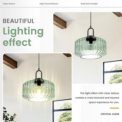 2-Lights Modern Hanging Light Green Pendant Light Fixtures Mid Century Large Glass Pendant Lights 11" Striped Glass Shade Black Schoolhouse Kitchen Sink Ceiling Hanging Lamp Fixture