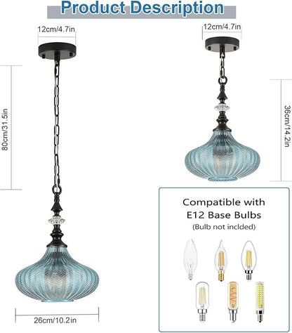 3-Light Chandelier,Black Farmhouse Pendant Light Fixture for Kitchen,Adjustable Hanging Lighting with Blue Glass Shade for Hallway Bedroom Entryway Dining Room Island
