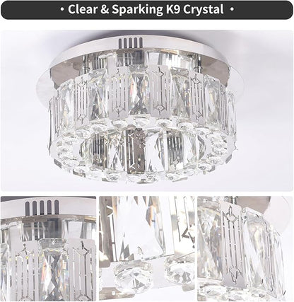 11.8" Modern Crystal Chandelier LED Ceiling Light Flush Mount Mini Ceiling Light Fixtures Crystal Round Chandeliers for Hallway Bedroom Cool White
