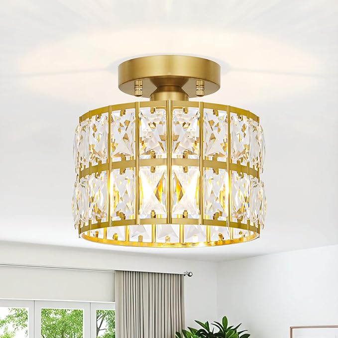 Lxybcce Crystal Ceiling Light Fixture, Modern Brushed Gold Semi Flush Mount Ceiling Chandelier Light for Hallway Entryway Kitchen Bathroom, Small Chandelier Light for Bedroom Closet, 1-Light, 9 Inch