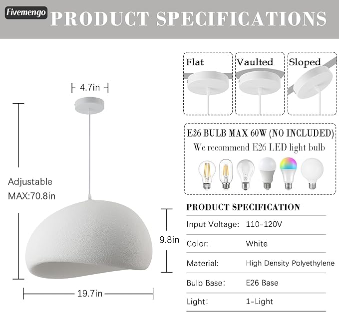 19.7in Wabi Sabi Pendant Light, Kitchen Island Lighting Fixture Ceiling Mount Japanese Lamp Japandi Chandelier for Dining Living Room Hallway Bedroom Restaurant Hanging Lamp, White 1 Pack