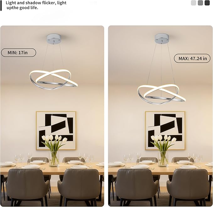 Modern Chandelier Dimmable Pendant Light Fixture,5CCT/2700K/3000K/3500K/4000K/5000K ,Adjustable Modern LED Chandeliers for Dining Room Kitchen Entryway Living Room Bedroom (Silver-5CCT, 20 Inches)