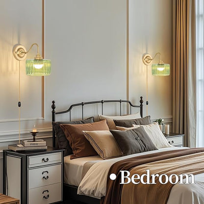 ZECOXOL Vintage Plug in Wall Sconces Dimmable Wall Sconces of Two,Wall Lamps with Plug in Cord & Flower Glass Lampshade,Gold Sconces Wall Decor Set of 2 Plug in Wall Lights Sconces for Bedroom