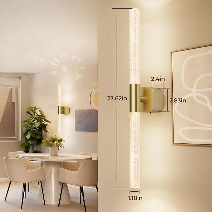 Battery Operated Wall Sconce Set of 2 Brushed Gold 12000mAh Rechargeable Wall Light with Crystal Acrylic 24" Wireless CCT Dimmable 350°Rotate Remote Wall Lamp for Bedroom Living Room