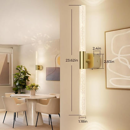 Battery Operated Wall Sconce Set of 2 Brushed Gold 12000mAh Rechargeable Wall Light with Crystal Acrylic 24" Wireless CCT Dimmable 350°Rotate Remote Wall Lamp for Bedroom Living Room