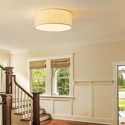 16-Inch Flush Mount Ceiling Light Fixture with Linen Fabric Shade, Modern Drum Light Fixture 3-Light Bedroom Lights for Ceiling, Farmhouse for Living Room, Dining Room, Kitchen, Entrance