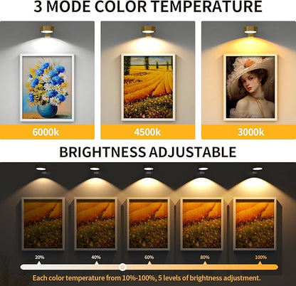 Narotood 6 Pack Picture Lights for Wall, Rechargeable Battery Operated Wall Lights, Picture Frame Lights with 3 Lighting Modes, Wireless Magnetic Painting Light with Remote Control Timer, (Golden)
