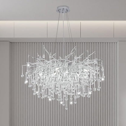 Chandeliers for Dining Room - 23.6" Modern Silver Crystal Chandelier, Round Tree Branch Raindrop Chandelier, Foyer Chandeliers for Entryway, Living Room,Bedrooms,Bathroom(Bulb not Included)