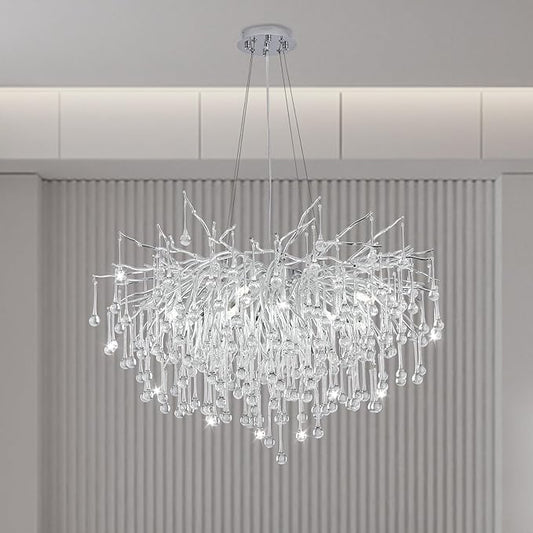 Chandeliers for Dining Room - 23.6" Modern Silver Crystal Chandelier, Round Tree Branch Raindrop Chandelier, Foyer Chandeliers for Entryway, Living Room,Bedrooms,Bathroom(Bulb not Included)