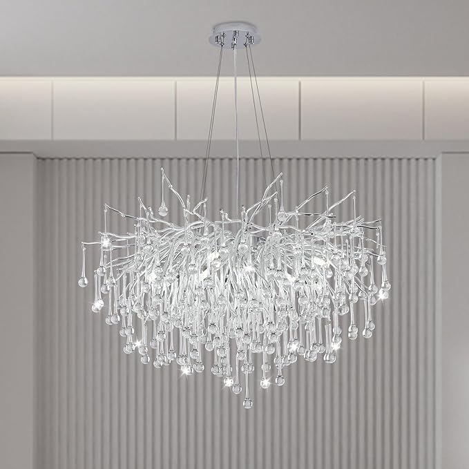 Chandeliers for Dining Room - 31.5" Modern Silver Crystal Chandelier, Round Tree Branch Raindrop Chandelier, Foyer Chandeliers for Entryway, Living Room,Bedrooms,Bathroom(Bulb not Included)