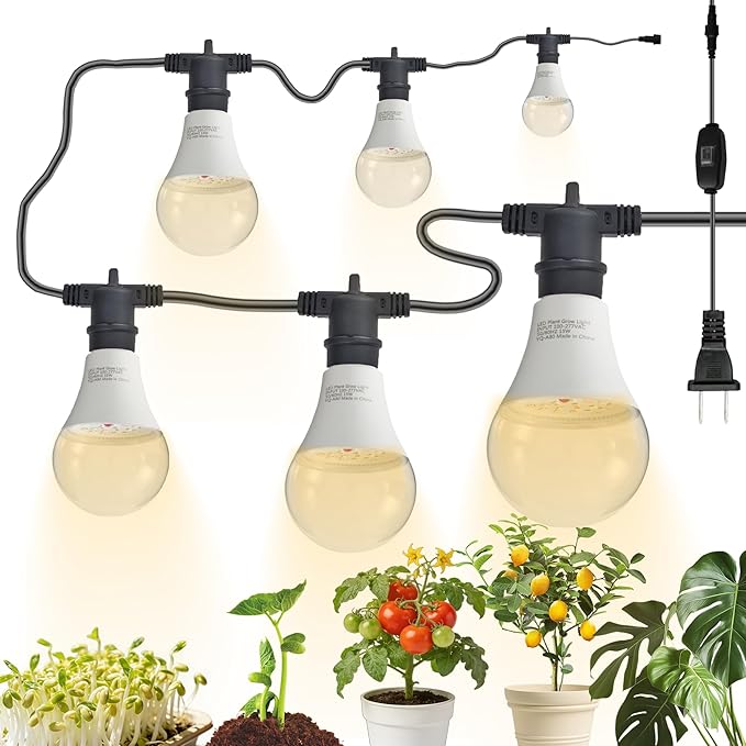 LED Grow Light Bulb A25 Bulb, Full Spectrum Grow Light Bulb, Plant Light Lamp Bulbs E26 Base, 15W Grow Bulb 130W Equivalent, Grow Light for Indoor Plants, Seed Starting (6 Bulbs String (22FT))