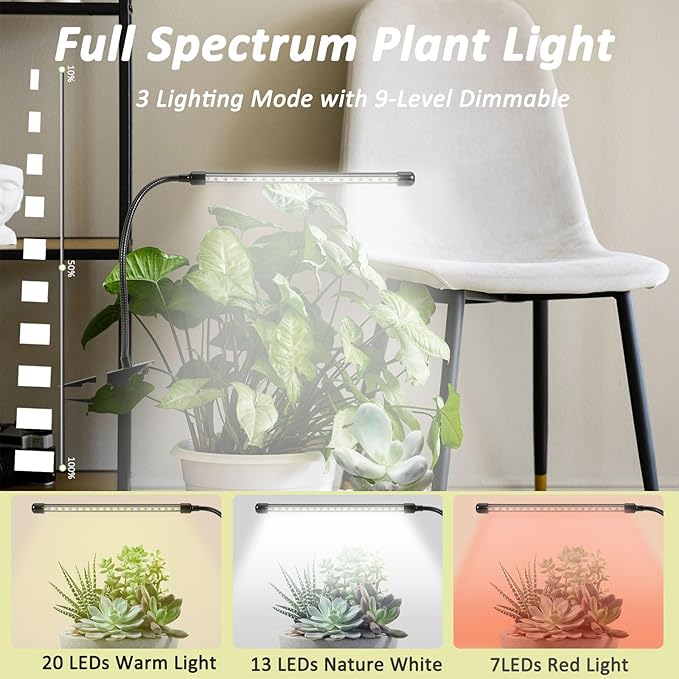Clip On Grow Light for Indoor Plants,Full Spectrum Led Plant Grow Lights with Auto-Timer, Plant Growing Lamp for Seed Starting,Houseplants, Bonsai, Pot Plant,1 Lamp(2 Pack)