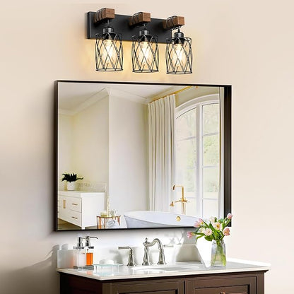 IZORRO Farmhouse Bathroom Vanity Light, 3-Light Wood Bathroom Light Fixtures Over Mirror, Black Industrial Vanity Lights with Metal Shade, Rustic Restroom Lighting Fixtures