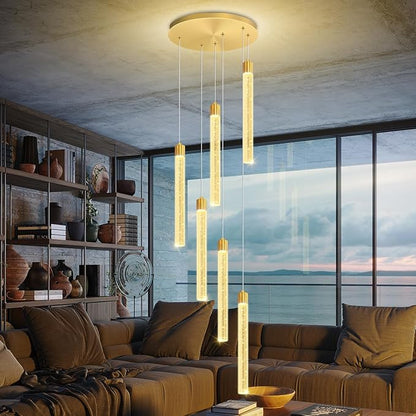 6-Light Modern Gold Crystal Chandelier for Spiral Staircase High Ceiling Chandeliers Bubble Crystal Chandelier Lighting Cluster Hanging Light Fixture for Living Room Foyer