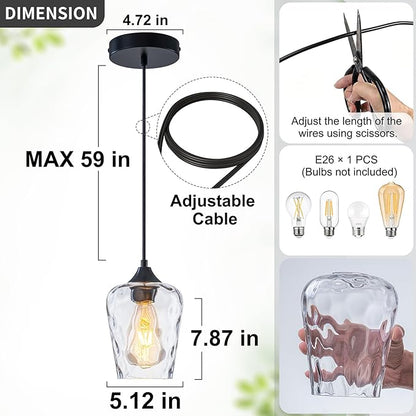1 Pack Mini 5.1" Black Hammered Glass Pendant Light Fixtures, Small Farmhouse Kitchen Pendant Light with Hammered Glass Shade, Black Pendant Lights Kitchen Island Lighting for Dining Room Sink