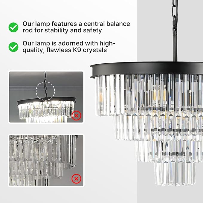 Modern Crystal Chandeliers For Dining Room: 24 Inch Black Round Luxury Chandelier Over Table - 4 Tiers Ceiling Hanging Pendant Lighting Fixture For Living Room Kitchen Island Bedroom Entryway Foyer