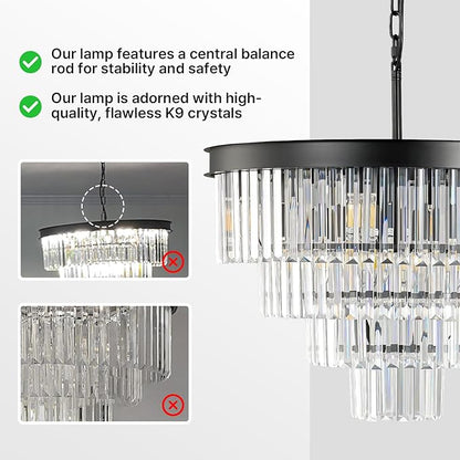 Modern Crystal Chandeliers For Dining Room: 24 Inch Black Round Luxury Chandelier Over Table - 4 Tiers Ceiling Hanging Pendant Lighting Fixture For Living Room Kitchen Island Bedroom Entryway Foyer