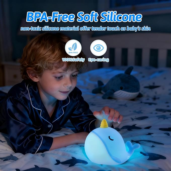Cute Narwhal Night Light Lamp, 7 Colors Touchable Squishy LED Light, USB Rechargeable Silicone Nursery Whale Night Lamp for Room Decor Birthday Gift for Toddler Women Adult
