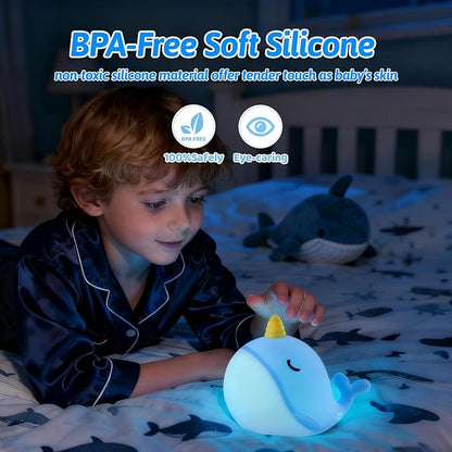 Cute Narwhal Night Light Lamp, 7 Colors Touchable Squishy LED Light, USB Rechargeable Silicone Nursery Whale Night Lamp for Room Decor Birthday Gift for Toddler Women Adult