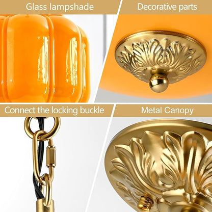 Milk Glass Pendant Light, 10 Inch Yellow Semi Flush Mount Ceiling Light, Vintage Glass Shade Chandelier With Dimmable E26 Base, Adjustable Hanging Rod, Pendant Light for Bedroom, Hallway, Dining Room