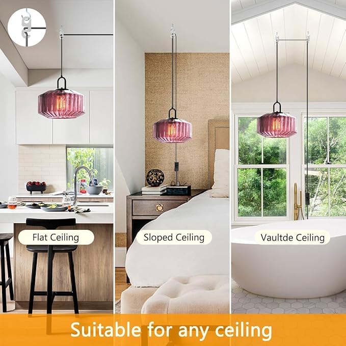 Plug in Hanging Light Glass Globe Pendant Light Plug in Mid Century Modern Pendant Light Fixture with 14.7 ft Cord Purple Striped Glass Shade for Living Dining Room Farmhouse Kitchen