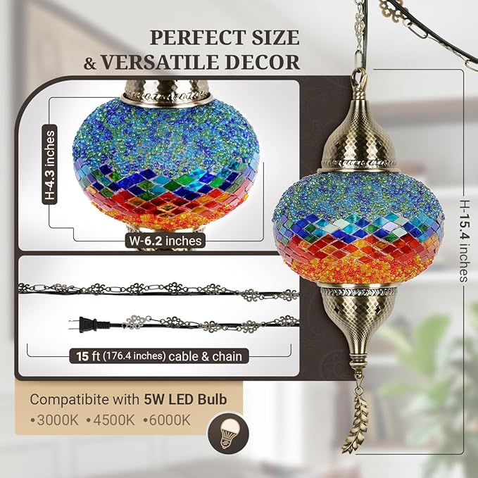 Turkish Moroccan Mosaic Pendant Light - Handcrafted Tiffany Style Swag Lamp with 15ft Cord, Vintage Glass Ceiling Fixture Lighting for Mediterranean Decor (Multicolor2)