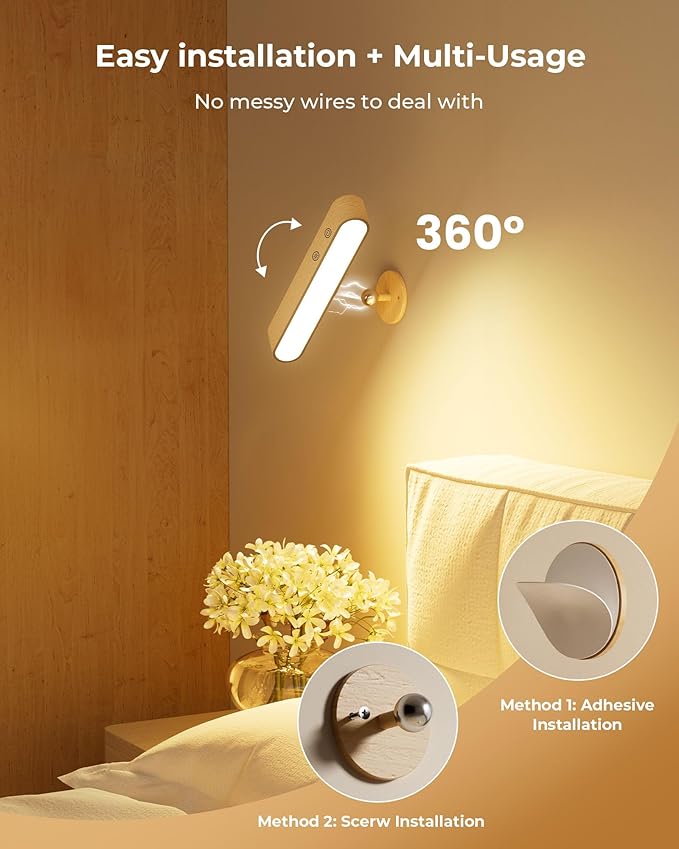 PopoIron 7500 mAh Rechargeable Wood Wall Sconce for Bedroom, LED Wall Light with Remote Control and Touch, 360° Magnetic Rotation, 3 Colours, Dimmable Wooden LED Wall Lamp with 15 RGB Colors,1 Pack