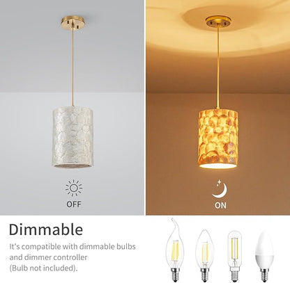 LumFurn D7inch 1-Light Capiz Shell Chandelier, Coastal Design Pendant Light Fixture for Dining Room, Living Room, Kitchen Island, D7 x H18~66"(Adjustable Height), Shell Lampshade & Gold Finish Frame
